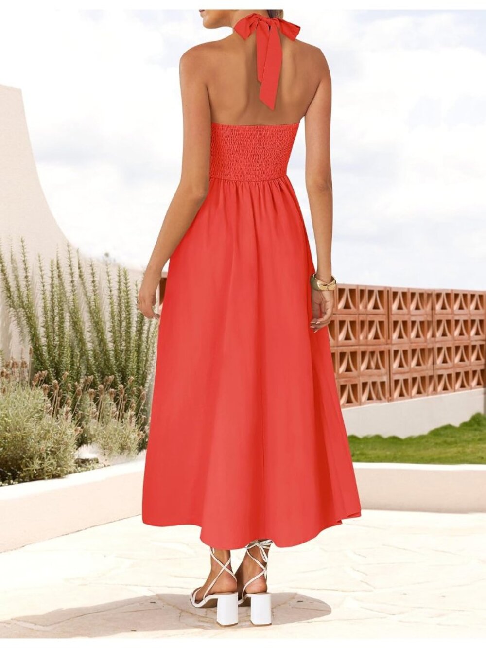 Women's Watermelonred Off Shoulder Sleeveless Halter Wedding Guest Maxi Dresses - Picture 4 of 6